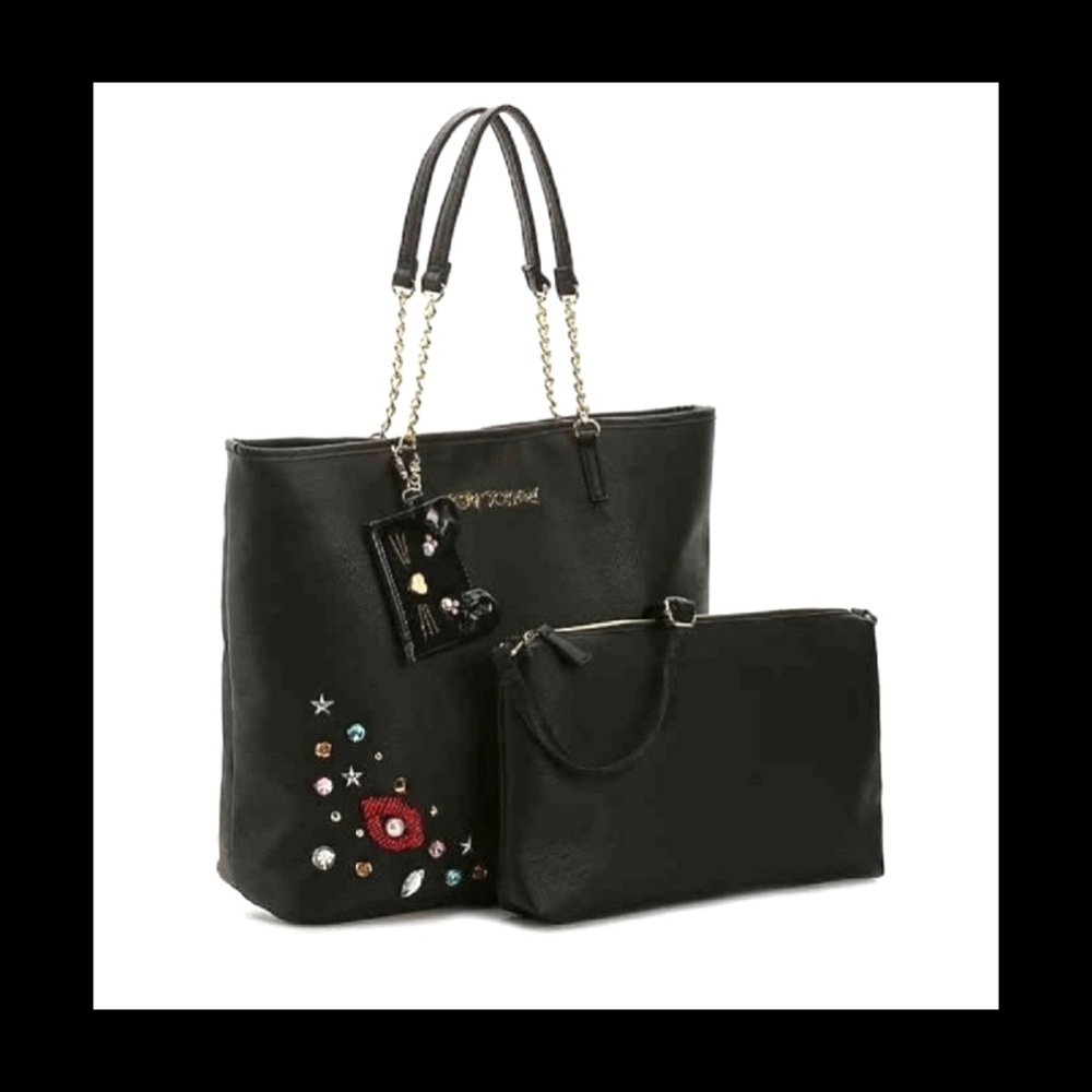 Betsy Johnson Large Black Studded Pins Tote w/ Small Crossbody. NWT!